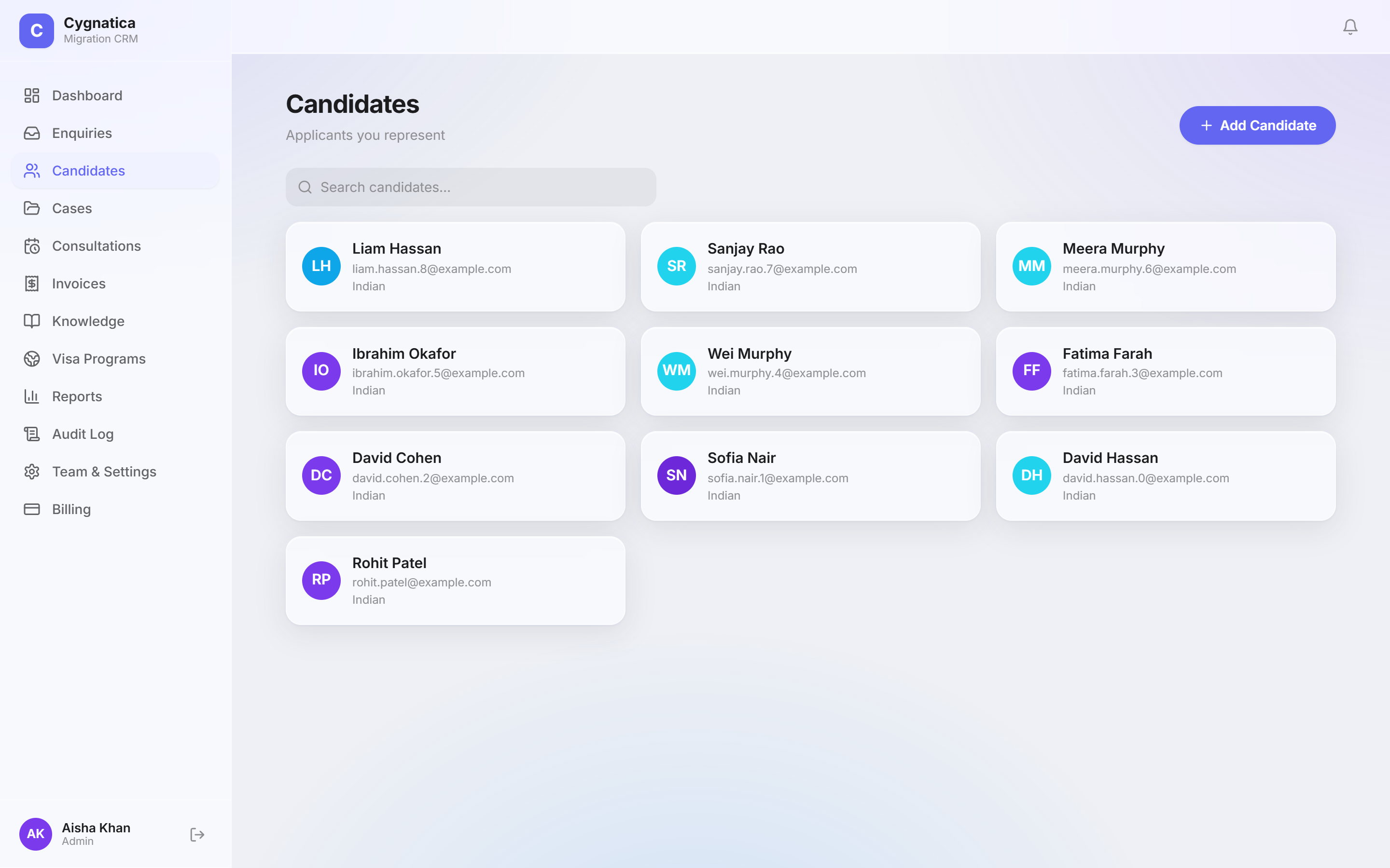 Cygnatica CRM candidates list showing enquiry-to-case records